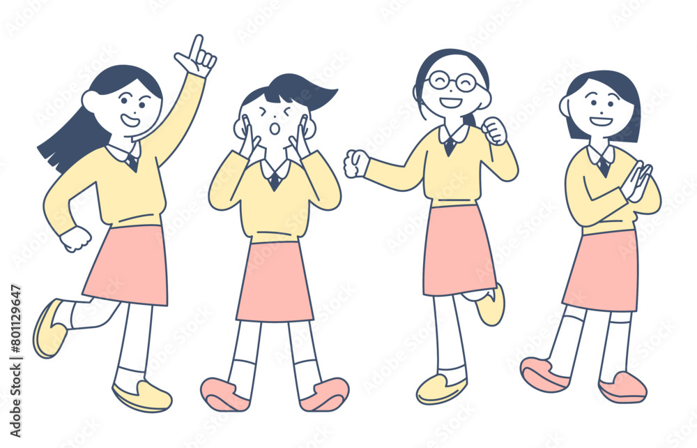hand drawn illustration of exciting school girls. cartoon style vector drawing. hand drawn illustration of exciting school girls. cartoon style vector drawing.