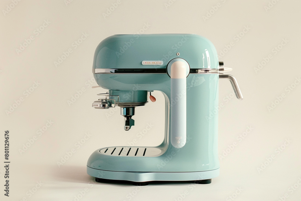 A retro-style juicer with a pastel blue exterior and a manual hand crank isolated on a solid white background.