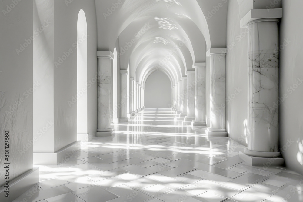 White corridor with columns and marble floor. White corridor with columns and marble floor.