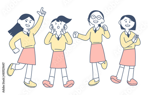 hand drawn illustration of exciting school girls. cartoon style vector drawing.  