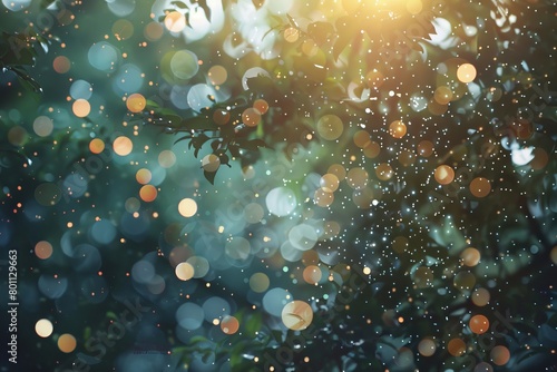 Abstract image of a light burst through trees with blurred glitter bokeh: AI-generated