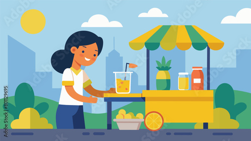A teenager sets up a lemonade stand on a busy street using her side hustle to save up money for travel and explore her passion for