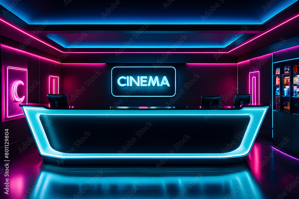 Obraz premium Modern office interior with sleek computer desks. Neon cyber-dark themed lighting .Reception desk at cinema theater, gaming center , billiard club