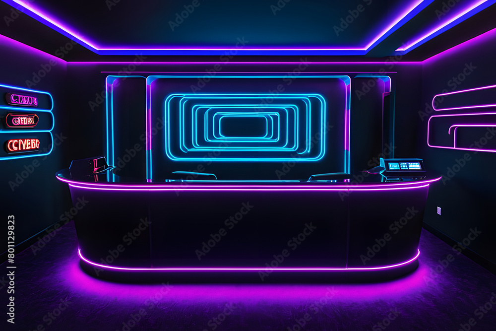 Obraz premium Modern office interior with sleek computer desks. Neon cyber-dark themed lighting .Reception desk at cinema theater, gaming center , billiard club