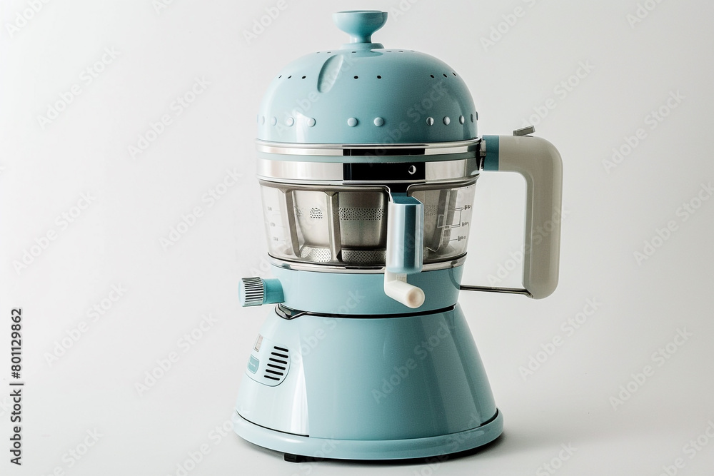 A retro-style juicer with a pastel blue exterior and a manual hand crank isolated on a solid white background. A retro-style juicer with a pastel blue exterior and a manual hand crank isolated on a solid white background.