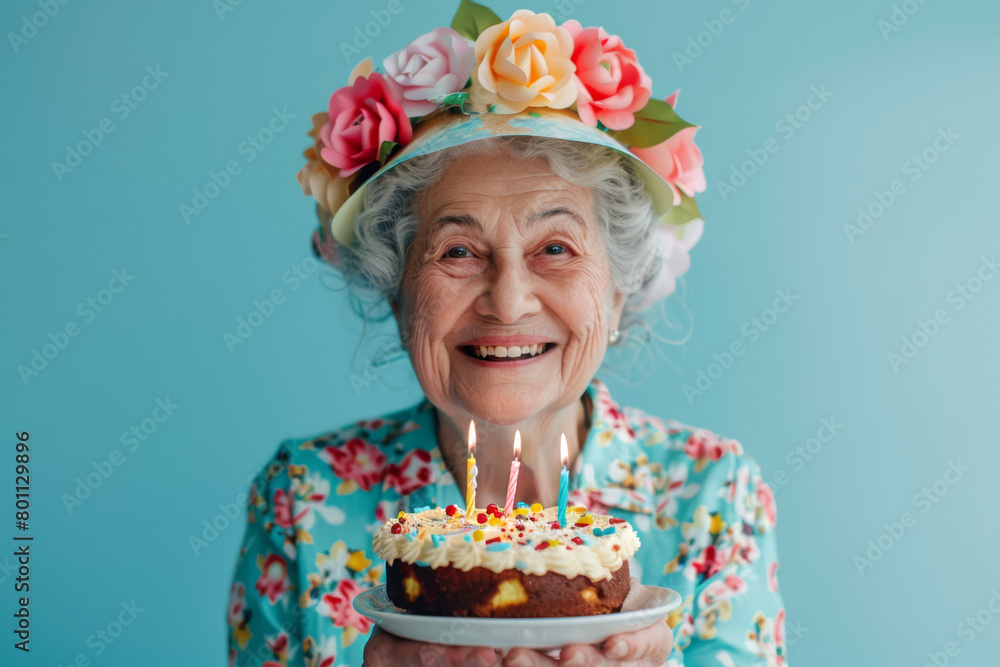 Elderly woman with birthday cake and candles on blue background. Elderly woman with birthday cake and candles on blue background.