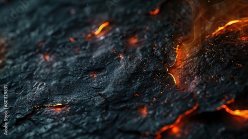 Close-up of fiery lava flow on dark rocks