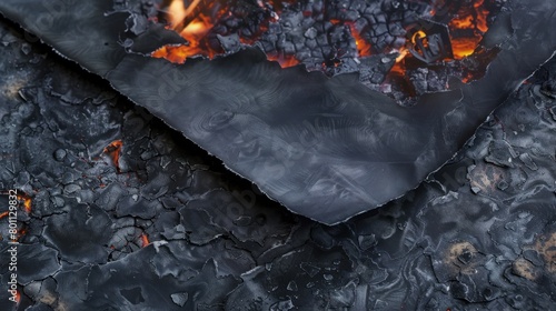 Charred wood texture with glowing embers closeup photo