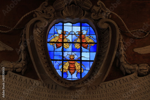 Santa Maria in Aracoeli Church Stained Glass Window Depicting Three Bees in Rome, Italy