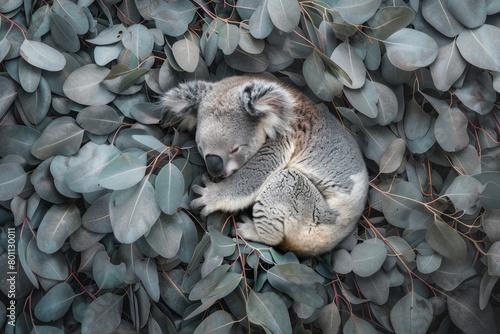 Tranquil koala nestled in soothing gray and green eucalyptus leaves, capturing at moment of serene slumber photo