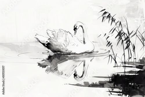 Elegant swan reflected in serene waters, minimalist black and white ink sketch with delicate reeds