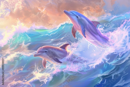 Playful dolphins emerging from soft pastel hues of a vibrant ocean  splashing through magical waves at sunset