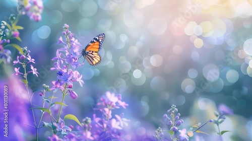 Beautiful wild flowers , purple wild peas, butterfly in morning close-up macro. Landscape wide format, copy space, cool blue tones. Delightful pastoral airy artistic image with a soft focus