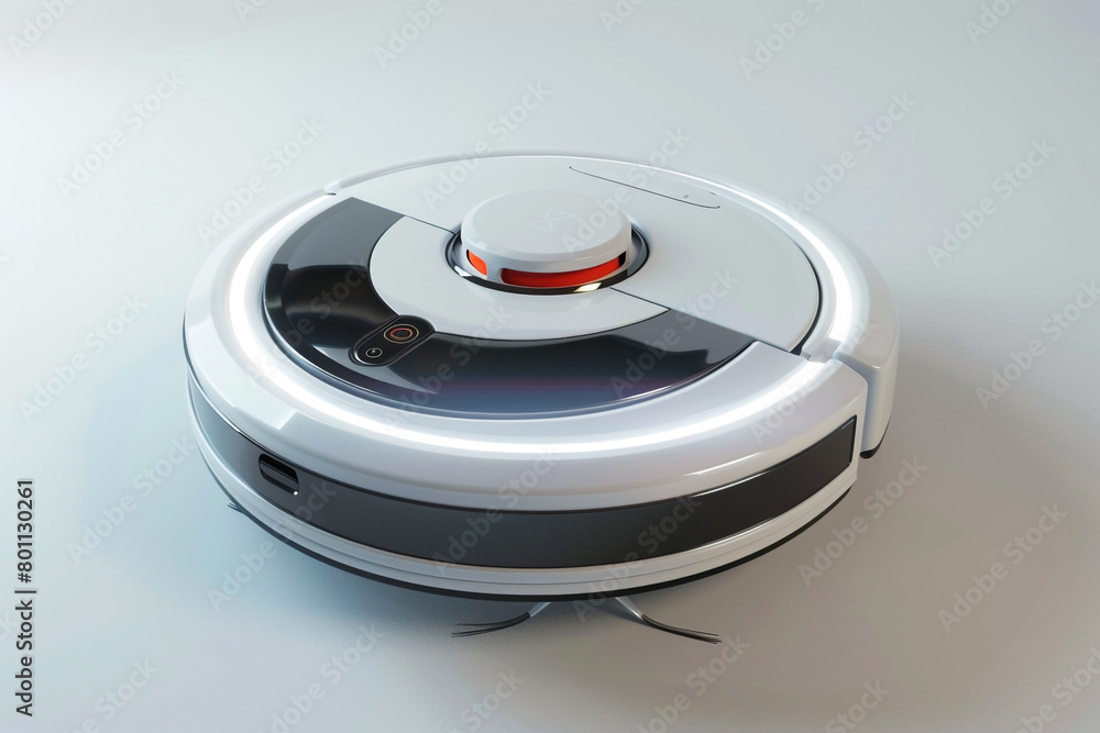 A robotic vacuum cleaner with advanced mapping technology and virtual boundaries isolated on a solid white background. A robotic vacuum cleaner with advanced mapping technology and virtual boundaries isolated on a solid white background.