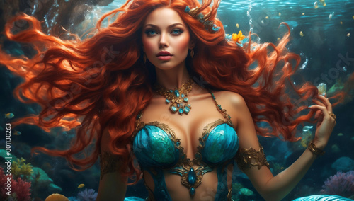 A beautiful red-headed water mermaid photo