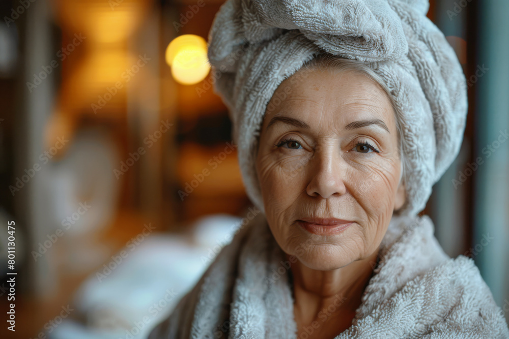 Portrait of beautiful senior woman with towel on head looking at camera Portrait of beautiful senior woman with towel on head looking at camera