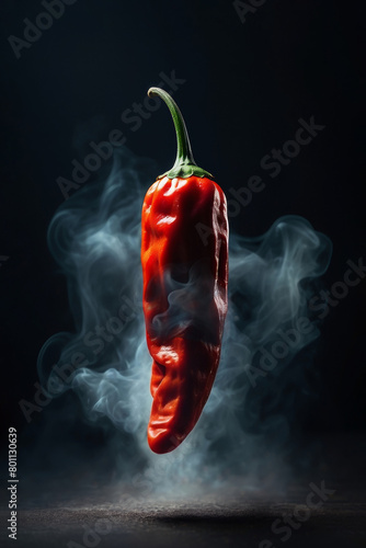 Minimal veggie food design made with floating red hot smoked chili paprika and white smoke against black background. Dark spicy chili pepper concept.
