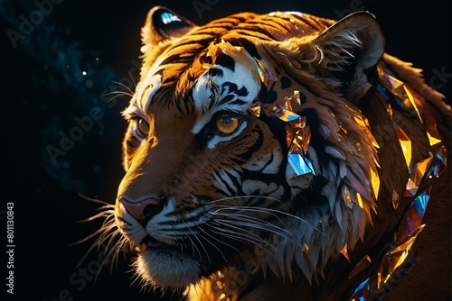A powerful image of a tiger whose fur is made of shining crystals  illuminated by an ethereal light on a dark backdrop