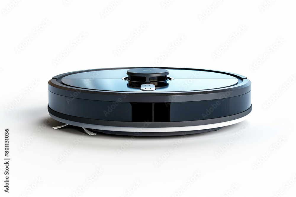 A sleek and compact robotic vacuum cleaner with advanced navigation technology isolated on a solid white background. A sleek and compact robotic vacuum cleaner with advanced navigation technology isolated on a solid white background.