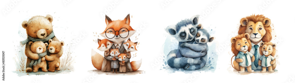 Cute animal baby and mom, parents love child cartoon character, set isolated on white, vector illustration. Collection of family stickers, happy mother and father Cute animal baby and mom, parents love child cartoon character, set isolated on white, vector illustration. Collection of family stickers, happy mother and father
