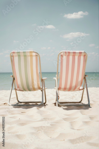 Minimal hot summer day layout with two colorful pastel beach chairs by the sea. Bright sunny holiday vibes on a sand beach.