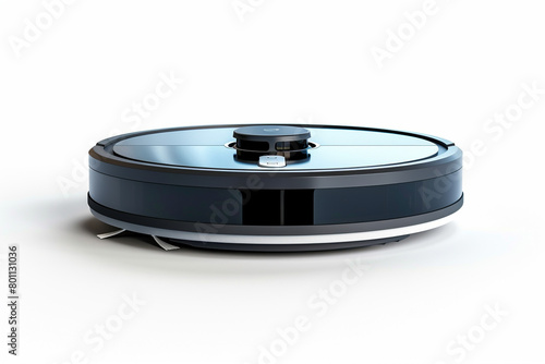 A sleek and compact robotic vacuum cleaner with advanced navigation technology isolated on a solid white background.