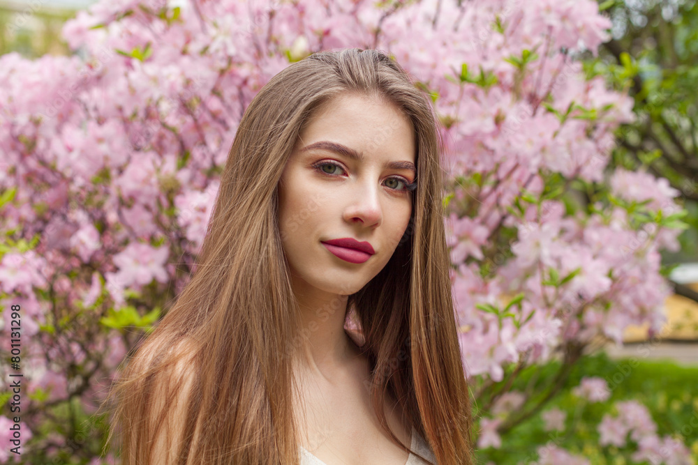 Cheerful young adult lady outdoors. Healthy woman with fresh clean skin and long brown hair in blossom garden. Travel, vacation, season and holiday concept Cheerful young adult lady outdoors. Healthy woman with fresh clean skin and long brown hair in blossom garden. Travel, vacation, season and holiday concept
