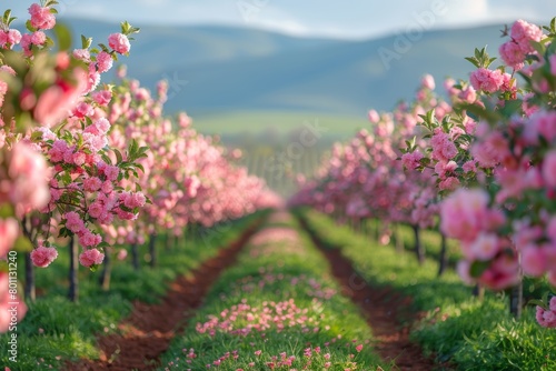 Apple Tree Orchard  Rows of blossoming trees in a spring landscape. 