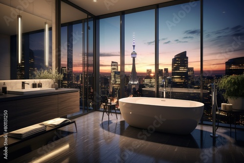 A modern bathroom featuring a tub with a large window overlooking the city skyline. Generative AI photo