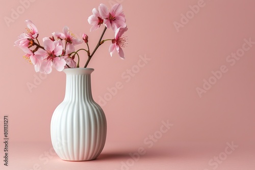 Stylish pink cherry blossoms in white vase on soft background with ample space for text placement