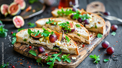 Tasty sandwiches with cheese grape and fig on wooden background