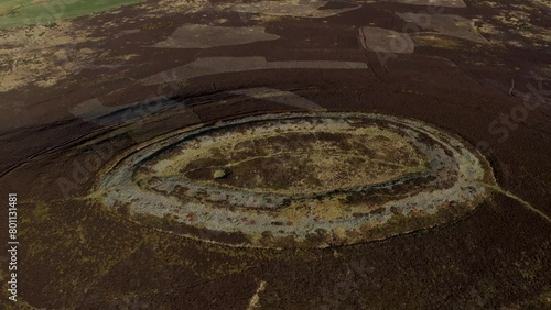 White Caterthun prehistoric hillfort, Brechin, Scotland. Possibly Pictish, on earlier Bronze or Iron Age occupation site. Video fly out looking NW photo