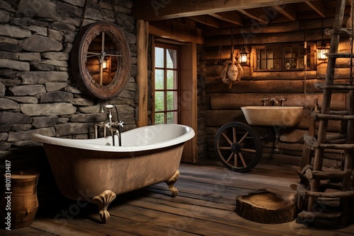 A rustic washroom in a log cabin featuring a classic claw foot tub. Generative AI