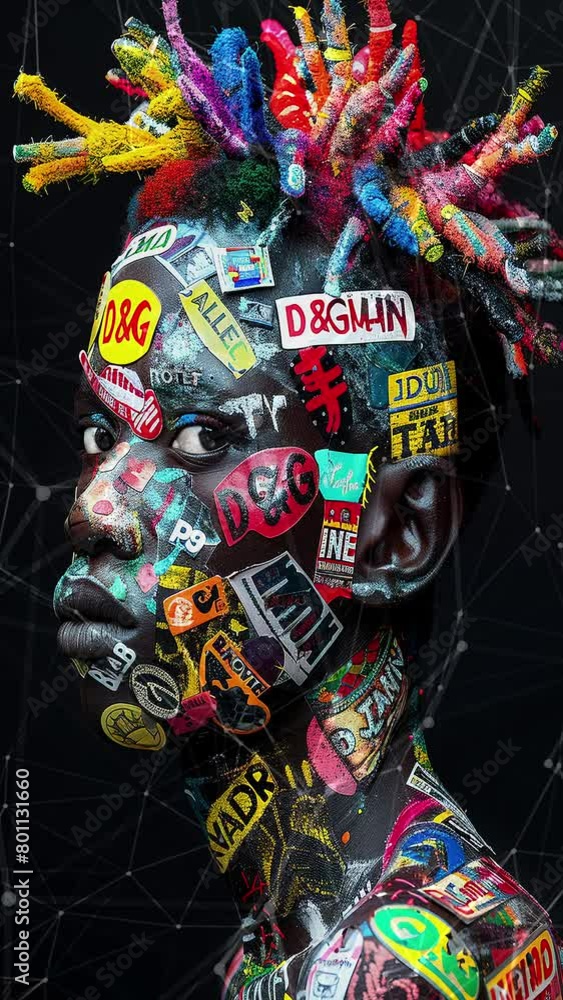 Portrait of an African male. Face and dreadlocks are covered with logos ...