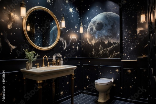 A modern bathroom featuring a toilet, sink, and mirror in a space-themed setting. Generative AI photo