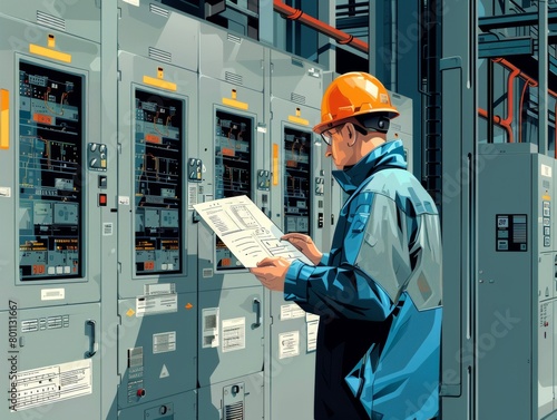 A man in a blue jacket is looking at a piece of paper while standing in front of a row of electrical panels