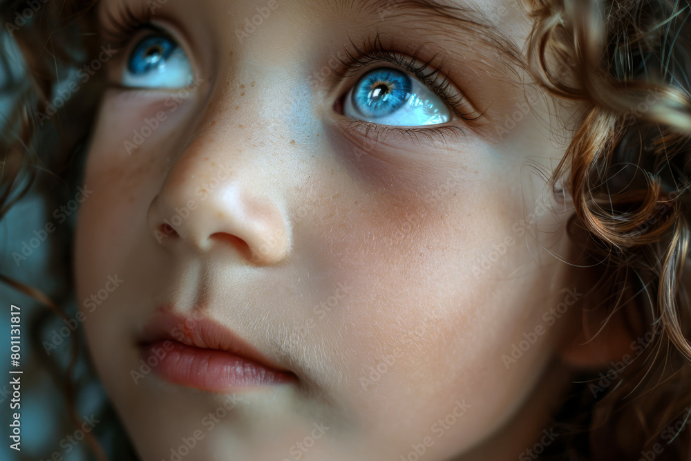 Fototapeta premium Close up portrait of a little girl with curly hair and blue eyes