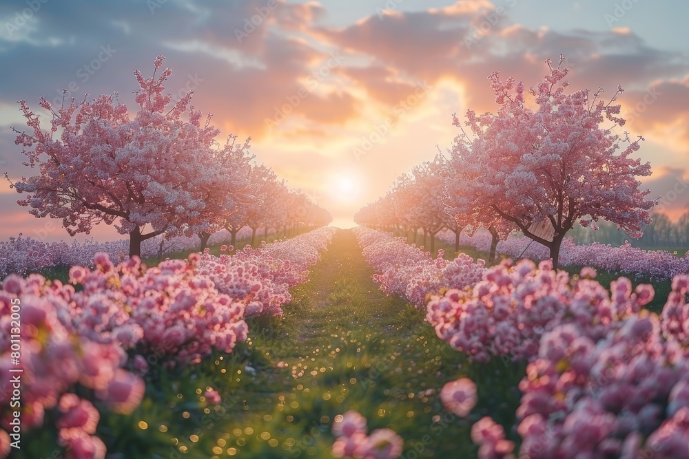 Apple Tree Orchard: Rows of blossoming trees in a spring landscape. 