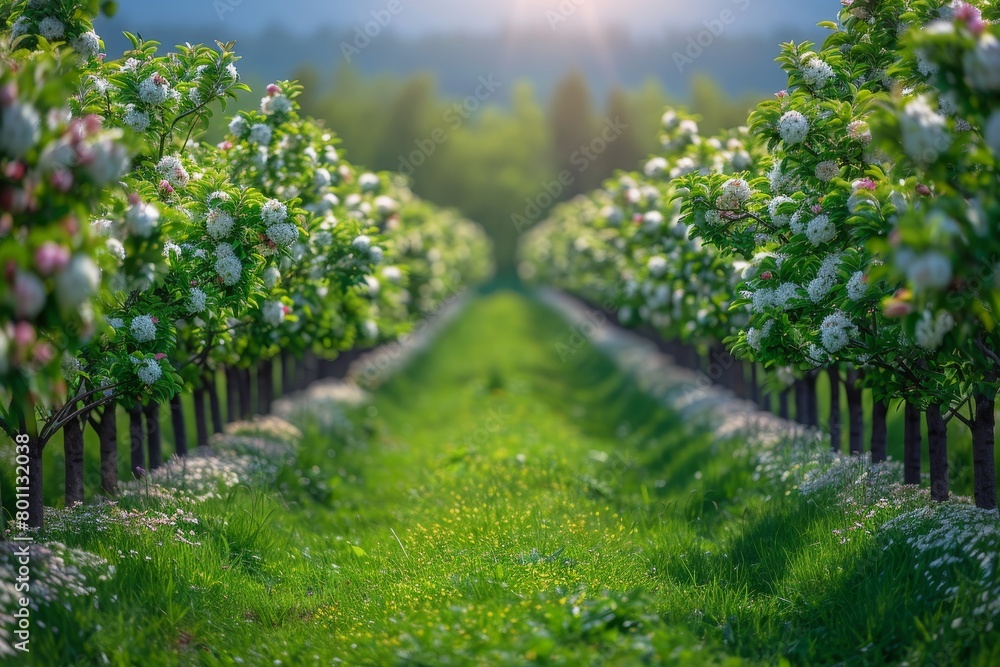Naklejka premium Apple Tree Orchard: Rows of blossoming trees in a spring landscape. 