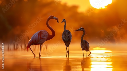 Twilight Flamingo Parade  Majestic Silhouettes Against the Setting Sun