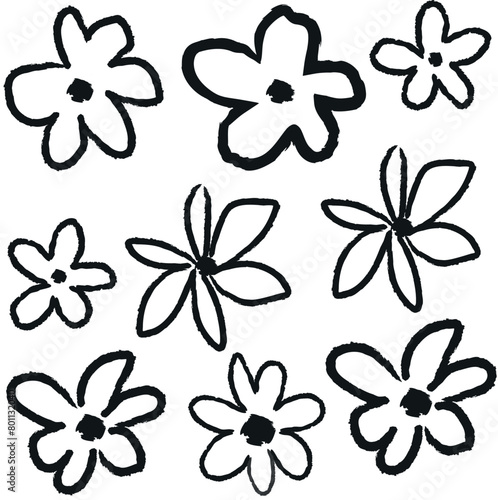 Hand-Drawn Floral Sketches  Black Outlined Flowers on White Background