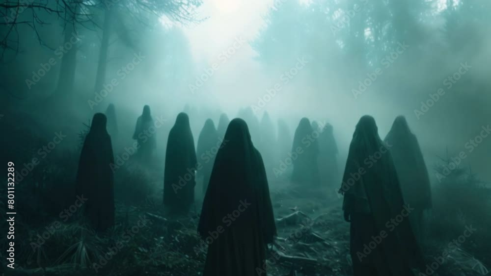 A creepy and sinister cult gathers, adding an eerie atmosphere to the mysterious surroundings, In a haunted, foggy forest. A creepy and sinister cult gathers, adding an eerie atmosphere to the mysterious surroundings, In a haunted, foggy forest.