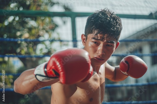  A young male boxer in a fighting stance, intensely focused