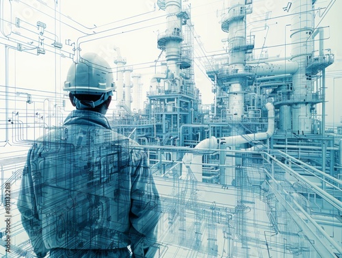 A man in a hard hat stands in front of a large industrial plant. The plant is filled with pipes and machinery, and the man is looking at it with interest