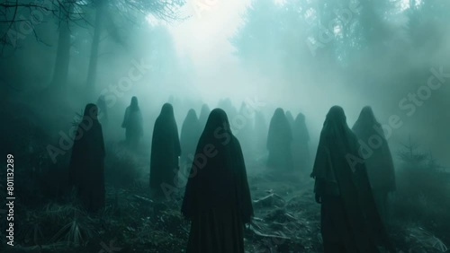 A creepy and sinister cult gathers, adding an eerie atmosphere to the mysterious surroundings, In a haunted, foggy forest. photo