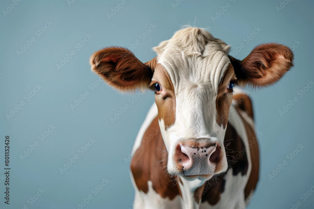 Portrait of a young brown and white cow on a blue background