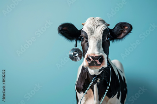 Cute black and white cow with stethoscope on blue background. Concept of veterinary examination of cattle. Health of cattle.