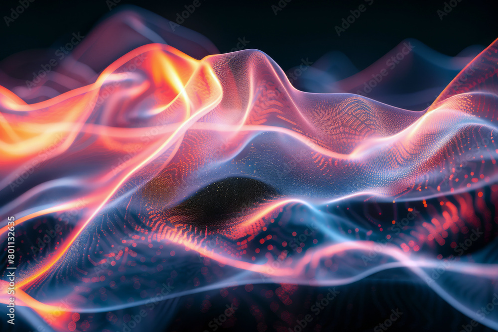 Illustration of abstract digital wave with glowing particles in dark space. Futuristic background for science and technology. Illustration of abstract digital wave with glowing particles in dark space. Futuristic background for science and technology.