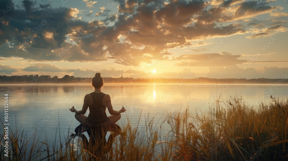 Woman meditating at peaceful lake seaside calming concept