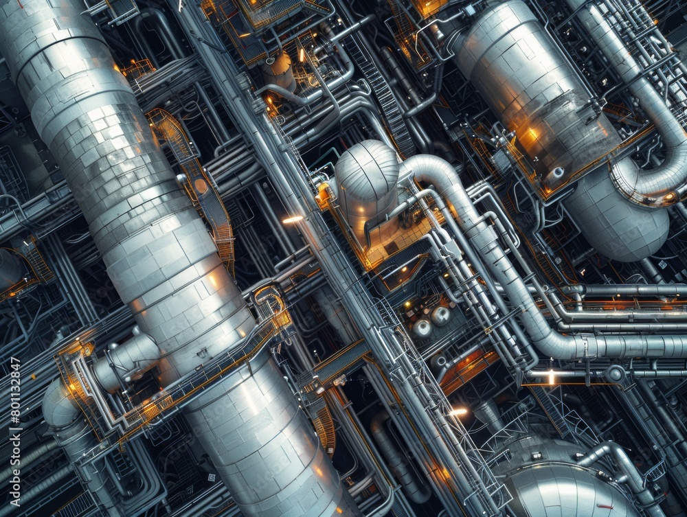A close up of a large industrial plant with many pipes and valves. Concept of complexity and machinery, with the various pipes and valves indicating a highly technical and industrial environment A close up of a large industrial plant with many pipes and valves. Concept of complexity and machinery, with the various pipes and valves indicating a highly technical and industrial environment